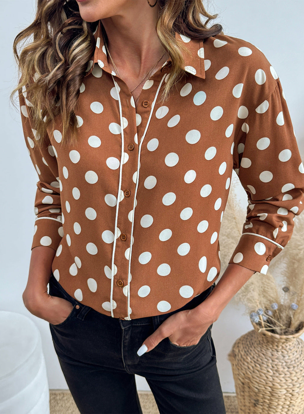 Womens Tops Polka Dot Long Sleeve Button Down Blouses