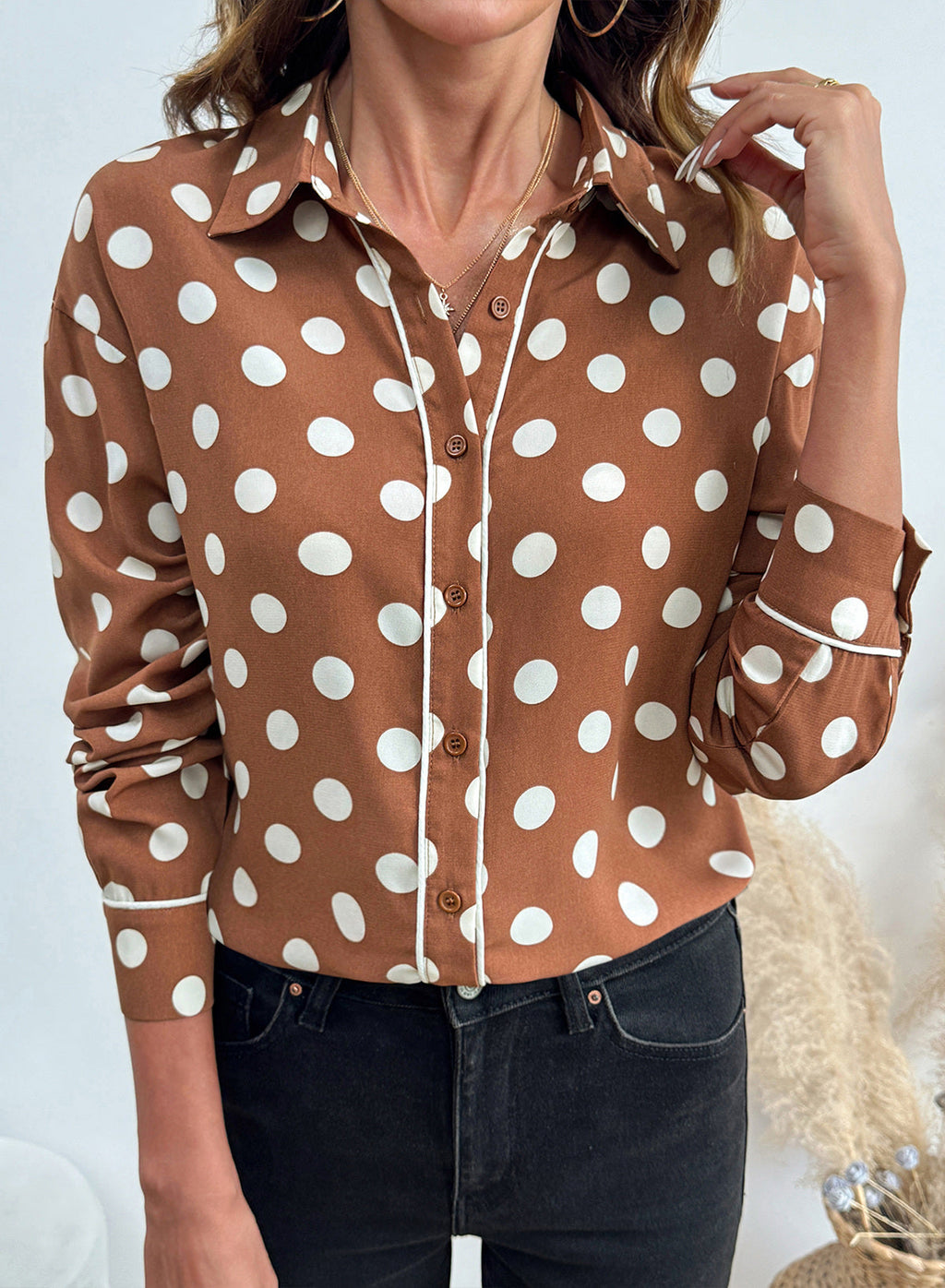 Womens Tops Polka Dot Long Sleeve Button Down Blouses