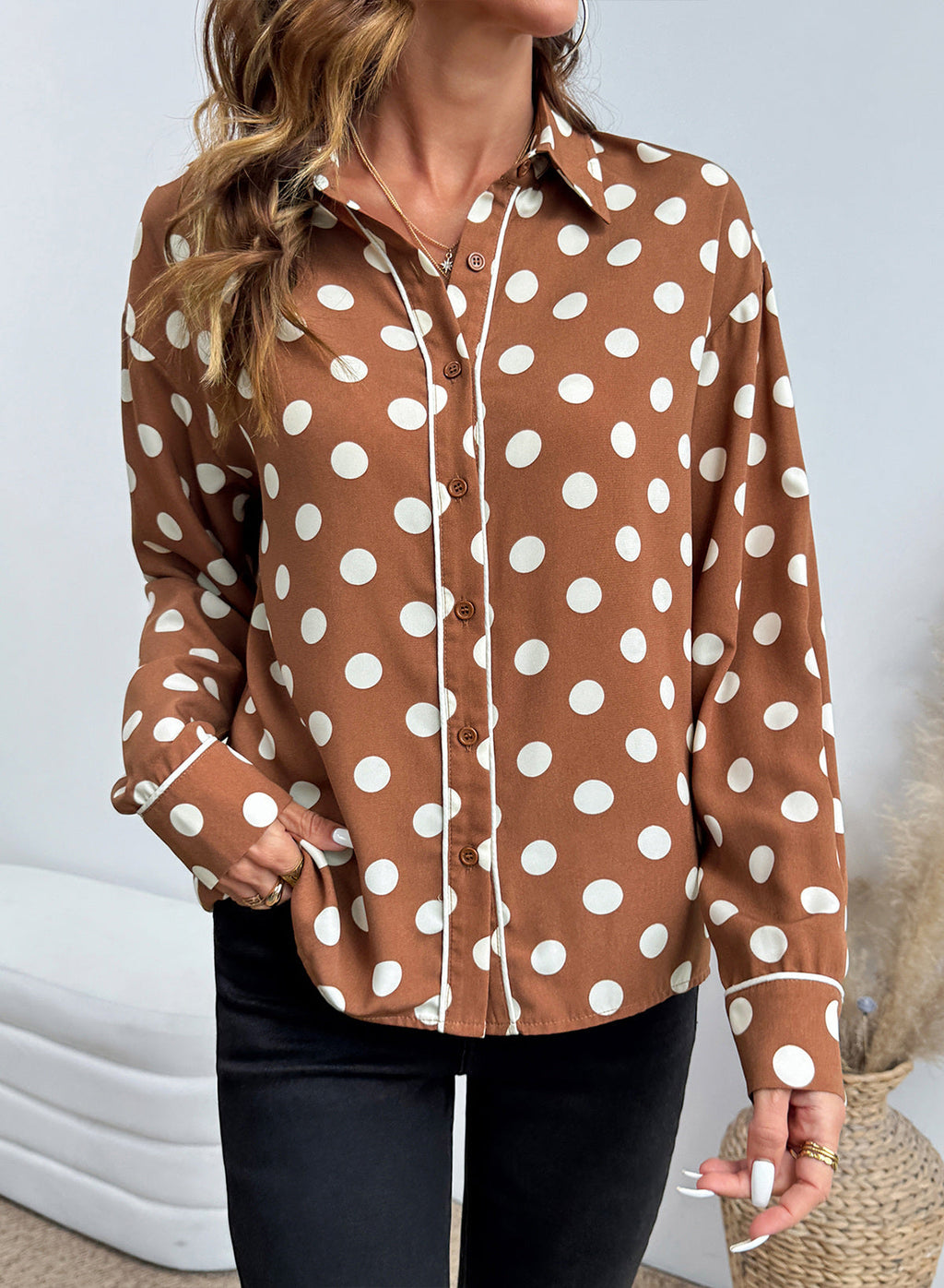 Womens Tops Polka Dot Long Sleeve Button Down Blouses