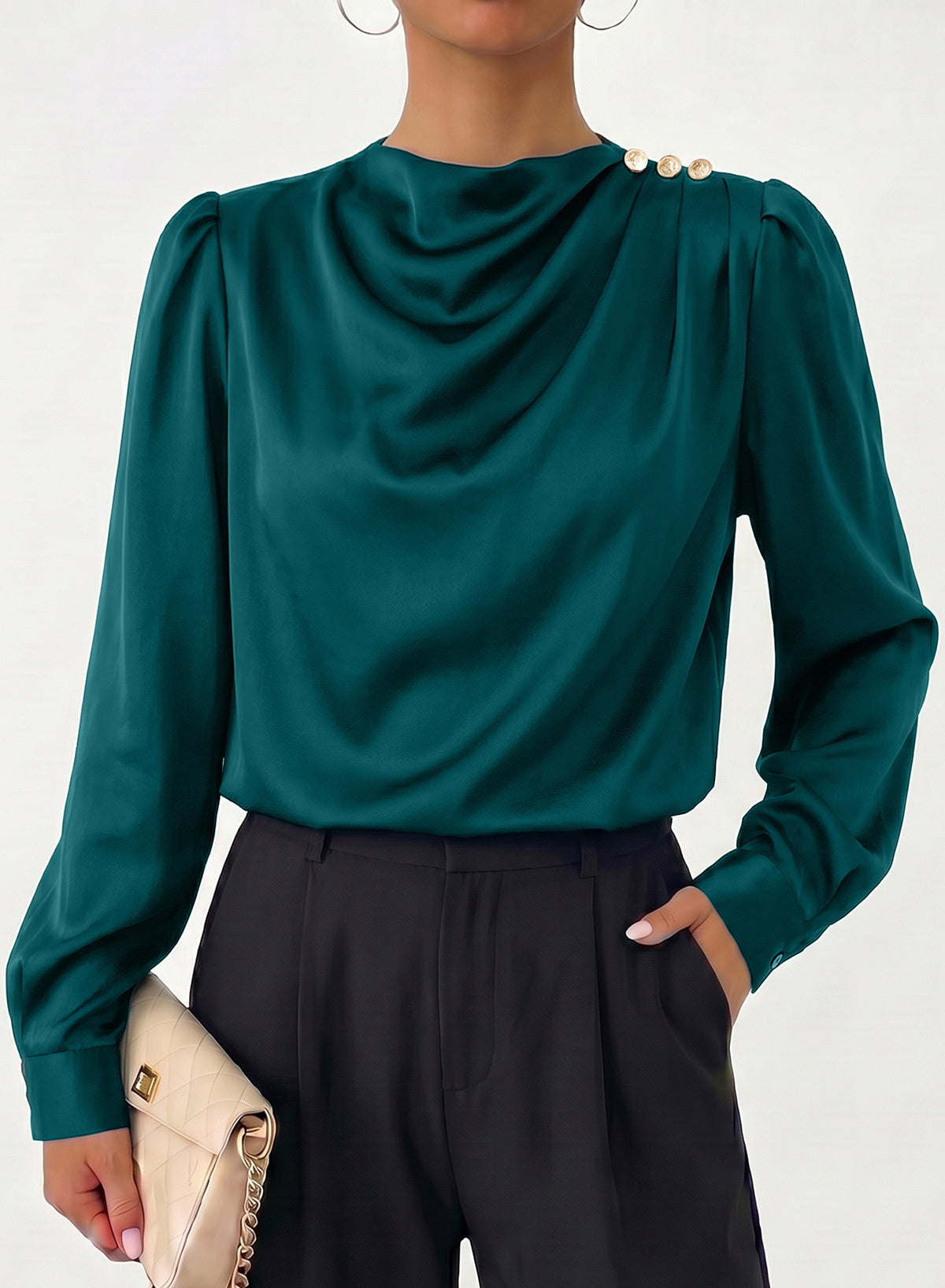 Dokotoo Womens Satin Blouses Dressy Casual Long Sleeve Mock Neck Tops Shirts