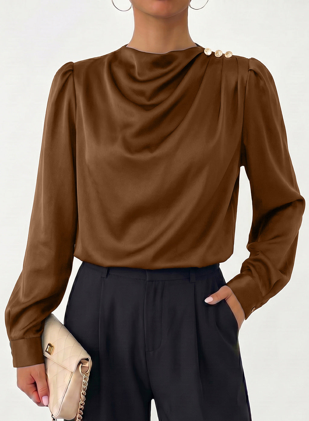 Dokotoo Womens Satin Blouses Dressy Casual Long Sleeve Mock Neck Tops Shirts
