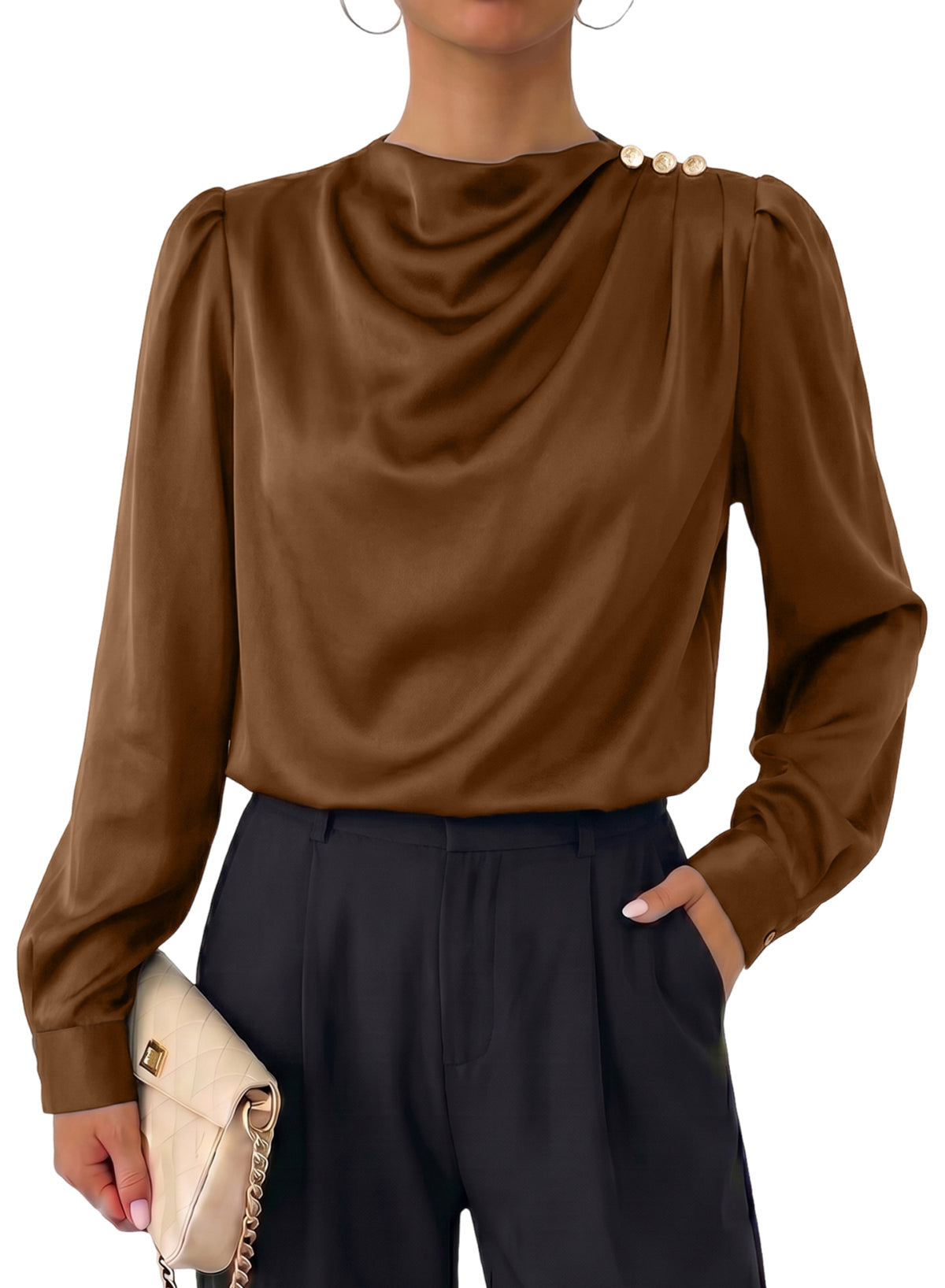 Dokotoo Womens Satin Blouses Dressy Casual Long Sleeve Mock Neck Tops Shirts