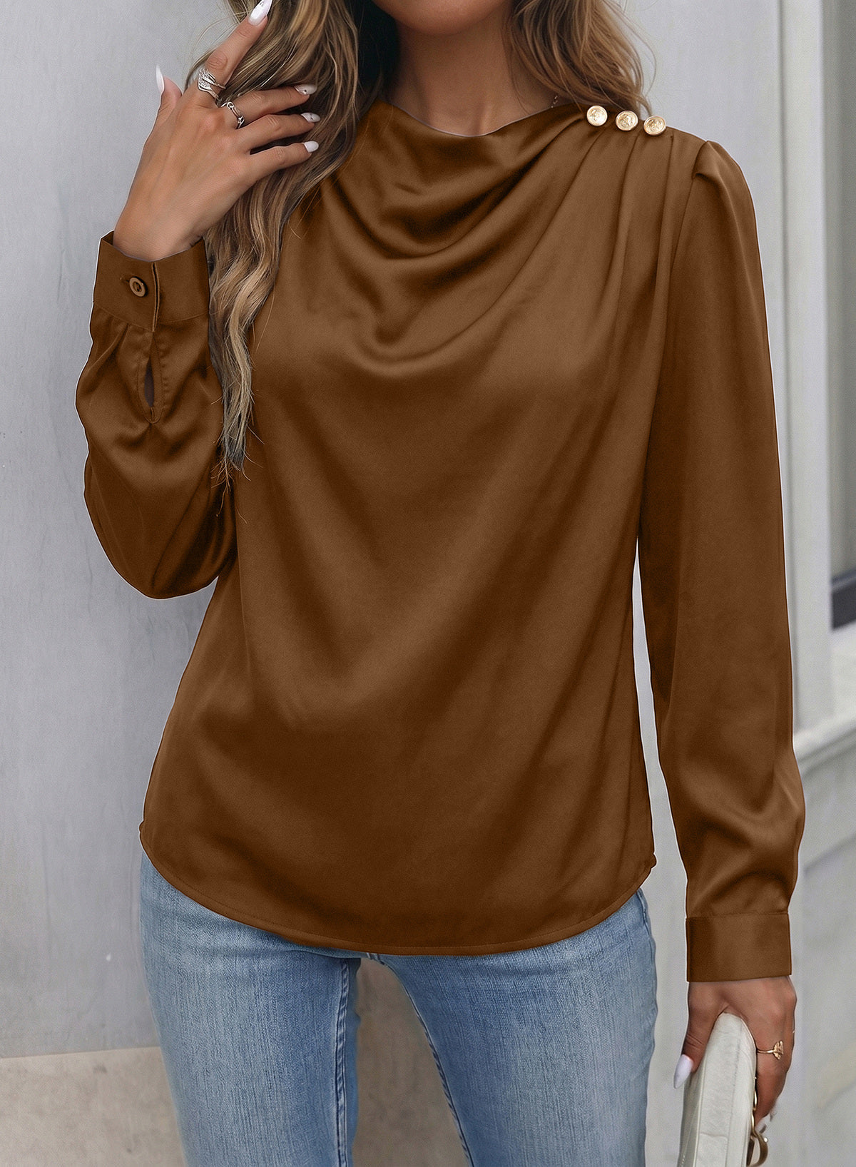 Dokotoo Womens Satin Blouses Dressy Casual Long Sleeve Mock Neck Tops Shirts