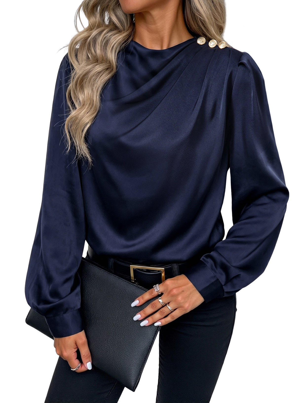 Dokotoo Womens Satin Blouses Dressy Casual Long Sleeve Mock Neck Tops Shirts