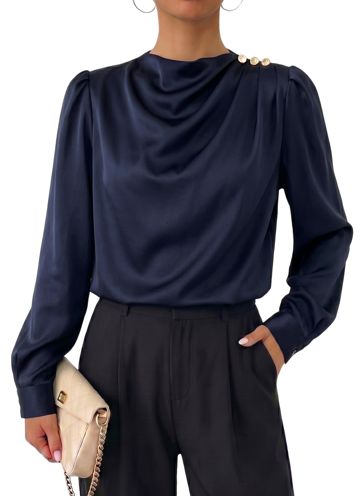 Dokotoo Womens Satin Blouses Dressy Casual Long Sleeve Mock Neck Tops Shirts