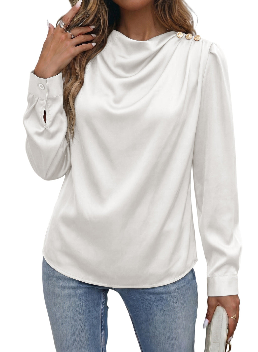 Dokotoo Womens Satin Blouses Dressy Casual Long Sleeve Mock Neck Tops Shirts