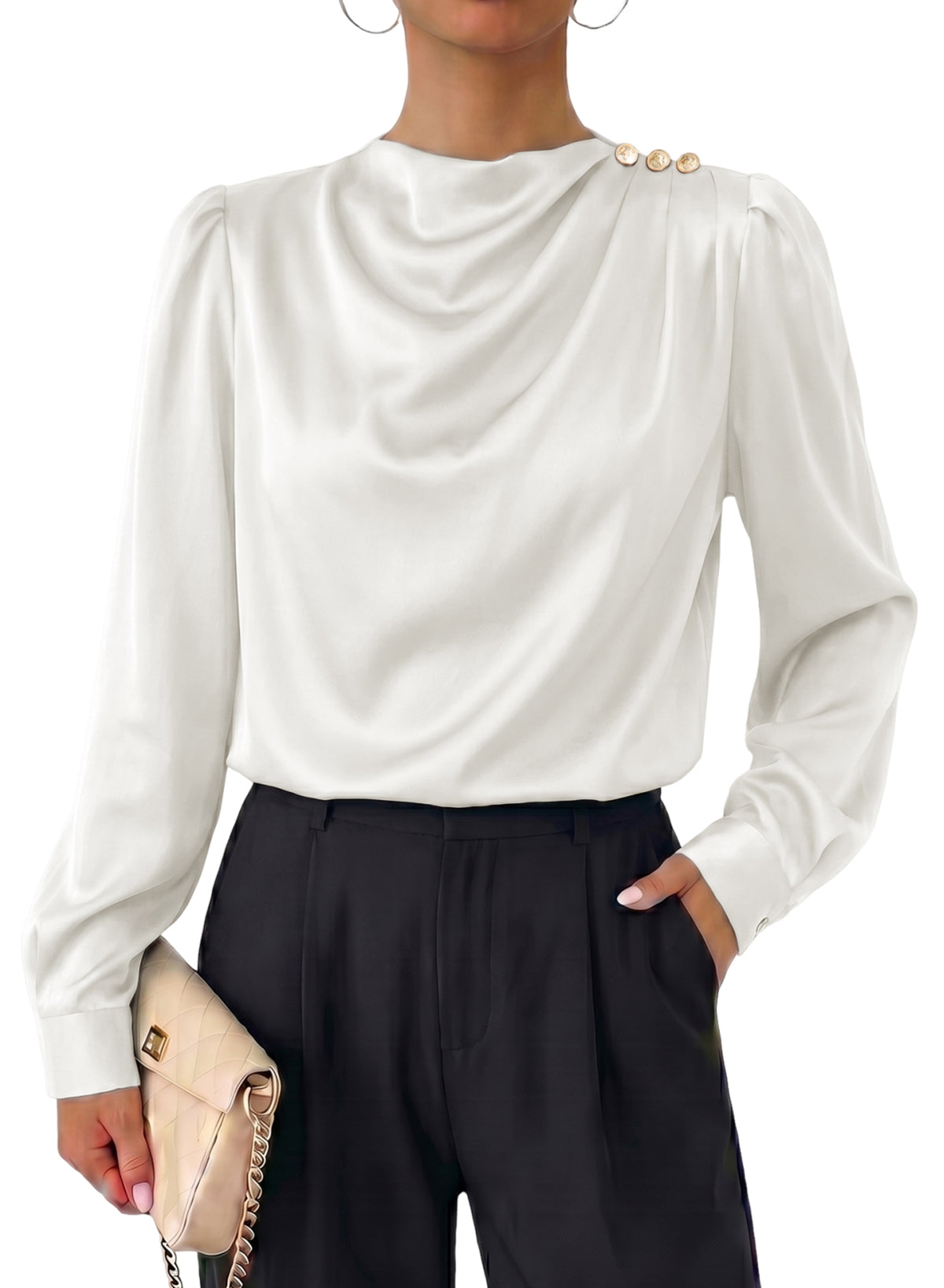 Dokotoo Womens Satin Blouses Dressy Casual Long Sleeve Mock Neck Tops Shirts