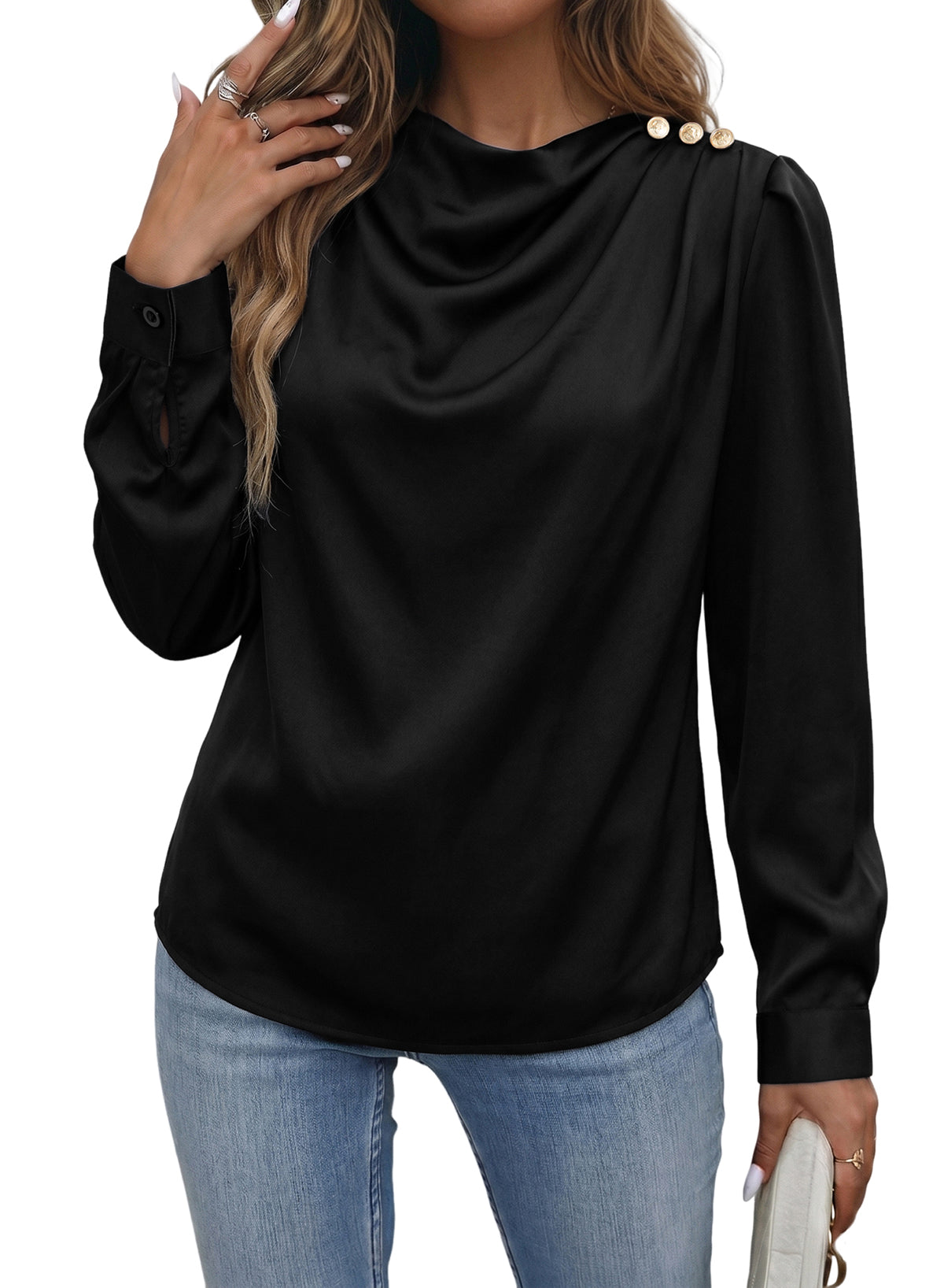 Dokotoo Womens Satin Blouses Dressy Casual Long Sleeve Mock Neck Tops Shirts