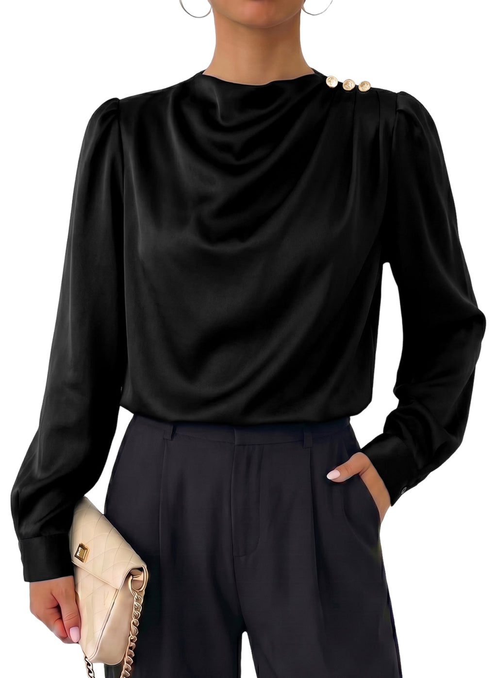 Dokotoo Womens Satin Blouses Dressy Casual Long Sleeve Mock Neck Tops Shirts