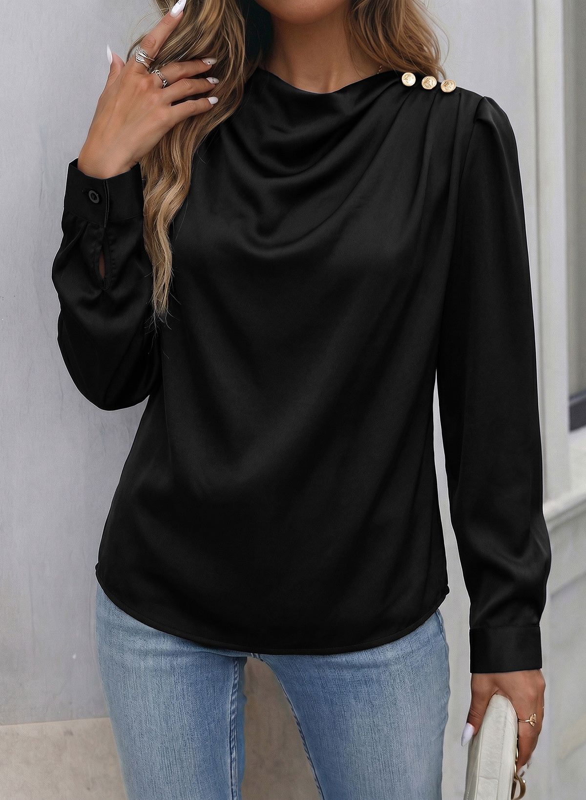 Dokotoo Womens Satin Blouses Dressy Casual Long Sleeve Mock Neck Tops Shirts