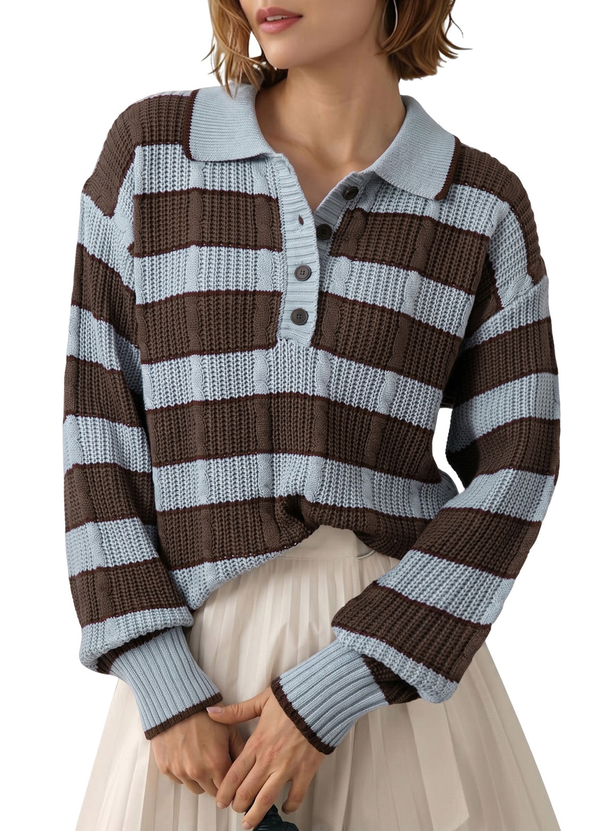 Dokotoo Sweaters for Women Long Sleeve Striped Color Block Button Polo Lapel Collar Cable Knit Casual Pullover Sweater Tops