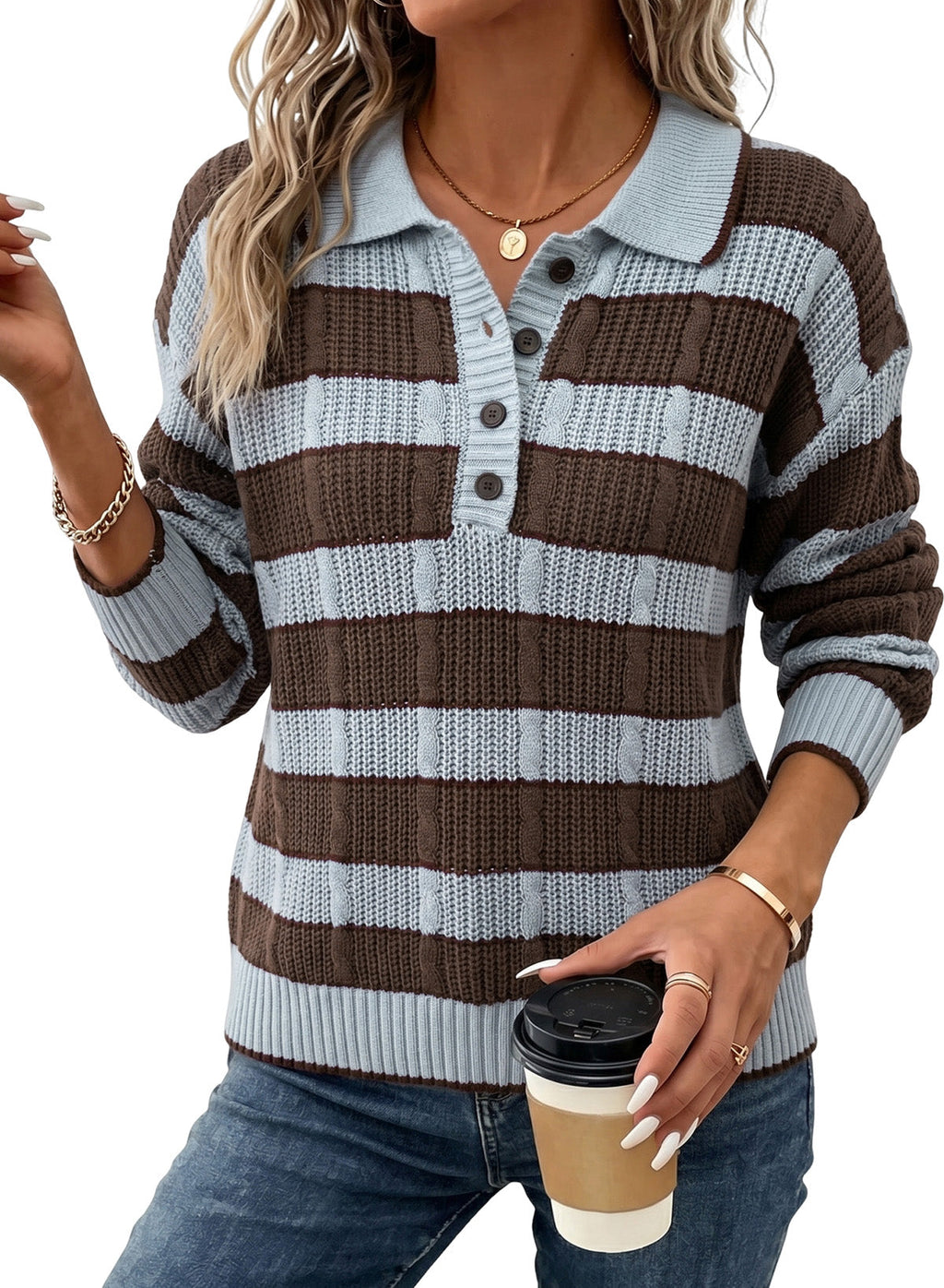 Dokotoo Sweaters for Women Long Sleeve Striped Color Block Button Polo Lapel Collar Cable Knit Casual Pullover Sweater Tops