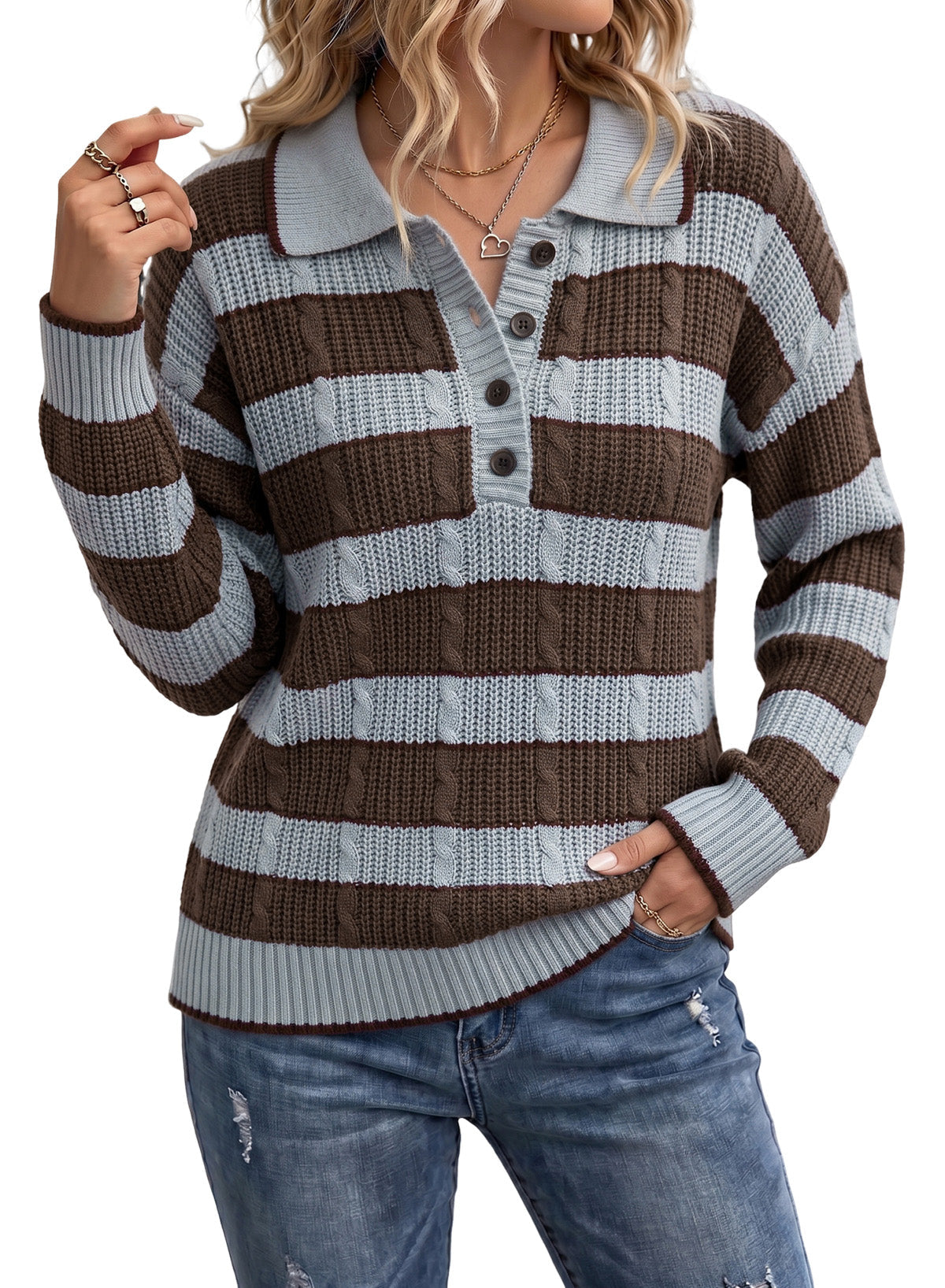 Dokotoo Sweaters for Women Long Sleeve Striped Color Block Button Polo Lapel Collar Cable Knit Casual Pullover Sweater Tops