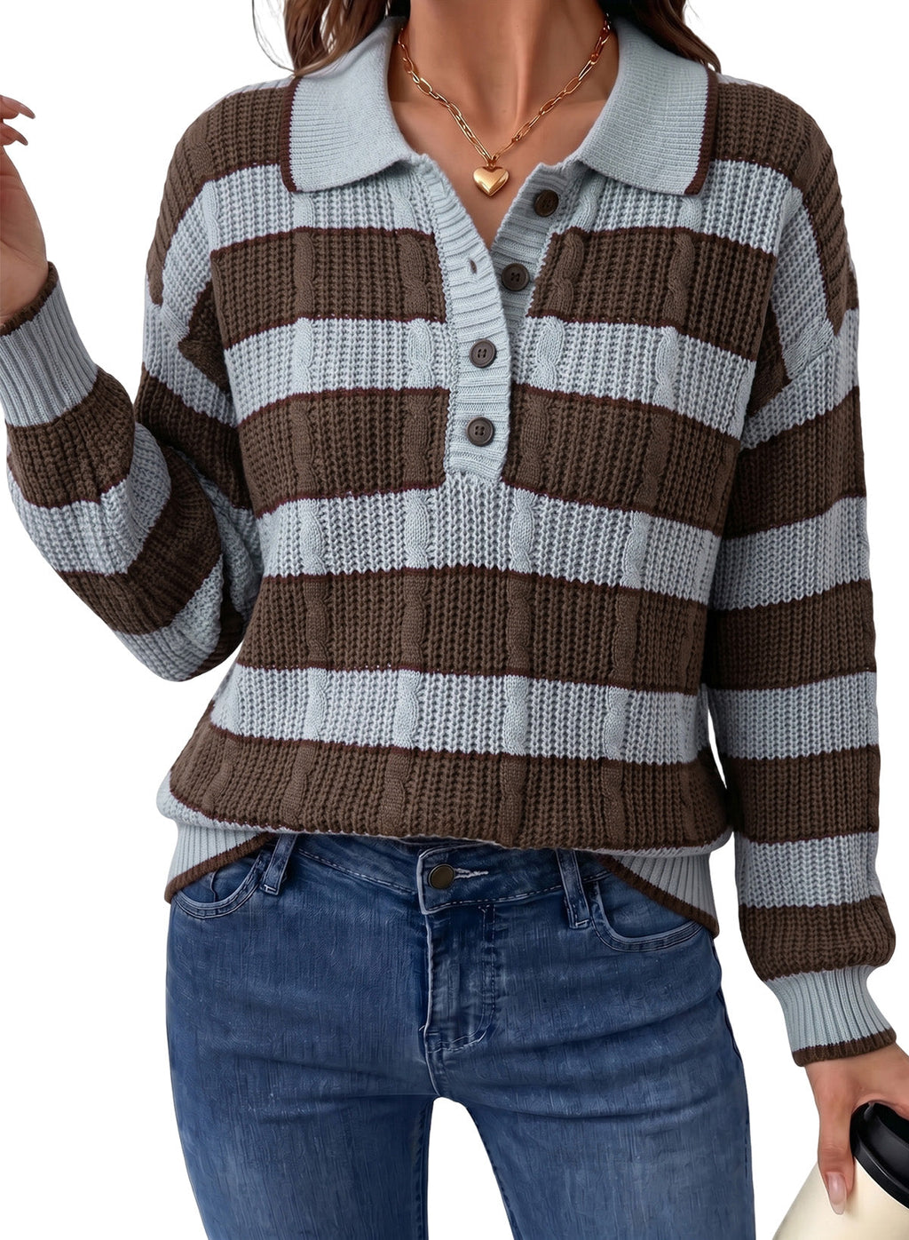 Dokotoo Sweaters for Women Long Sleeve Striped Color Block Button Polo Lapel Collar Cable Knit Casual Pullover Sweater Tops