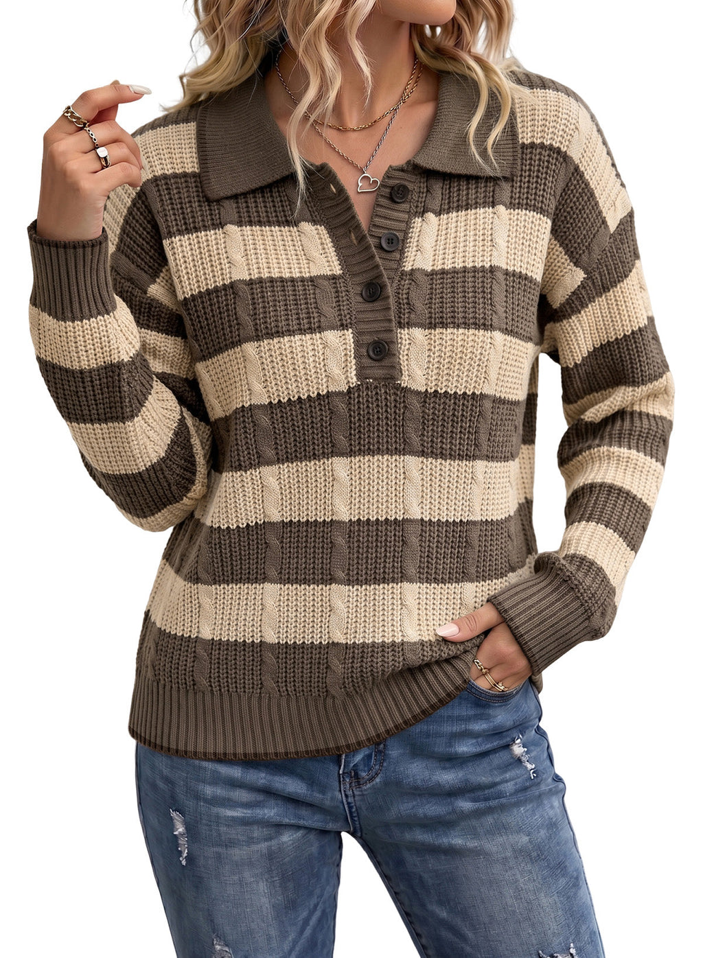 Dokotoo Sweaters for Women Long Sleeve Striped Color Block Button Polo Lapel Collar Cable Knit Casual Pullover Sweater Tops