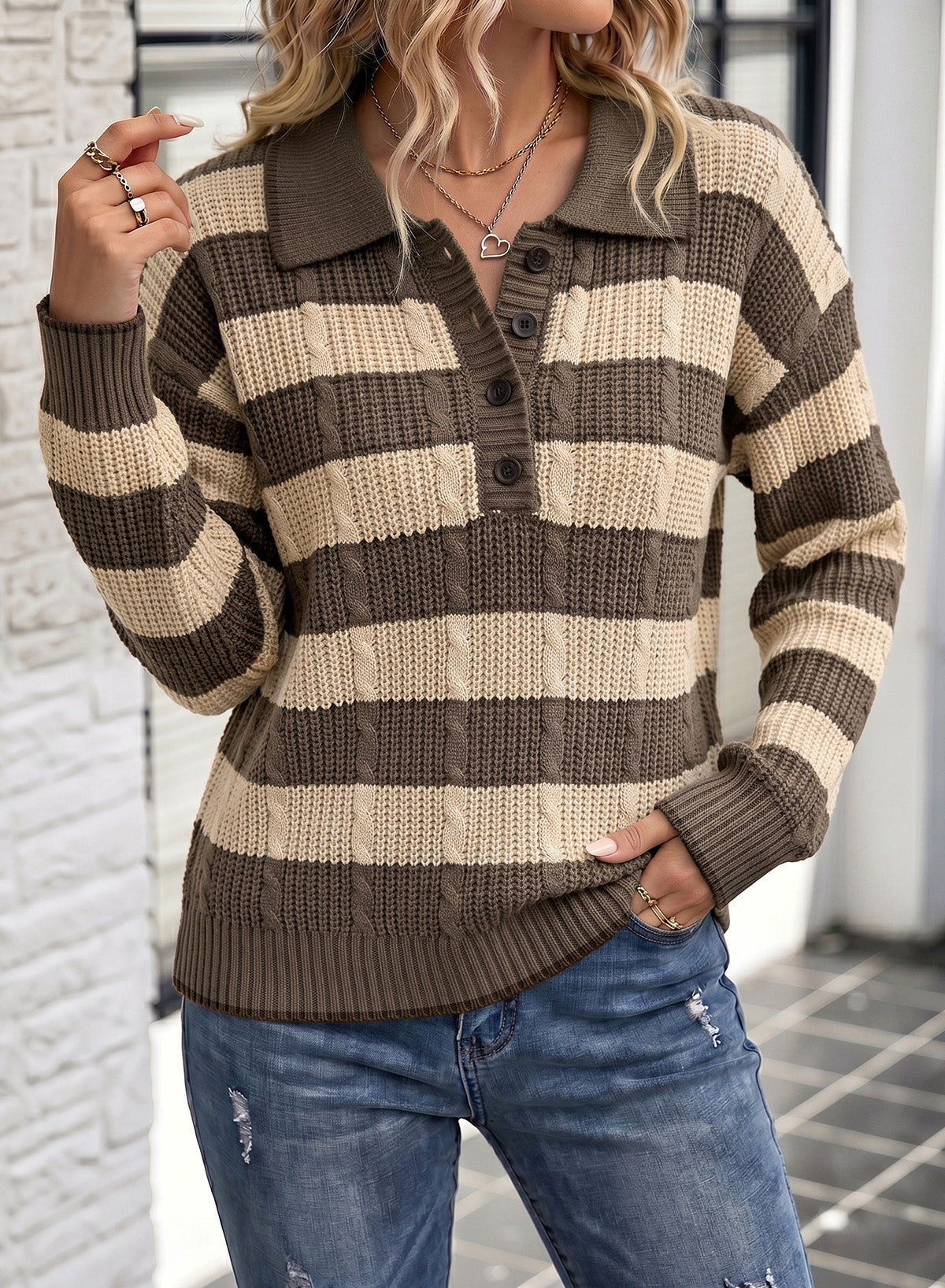 Dokotoo Sweaters for Women Long Sleeve Striped Color Block Button Polo Lapel Collar Cable Knit Casual Pullover Sweater Tops