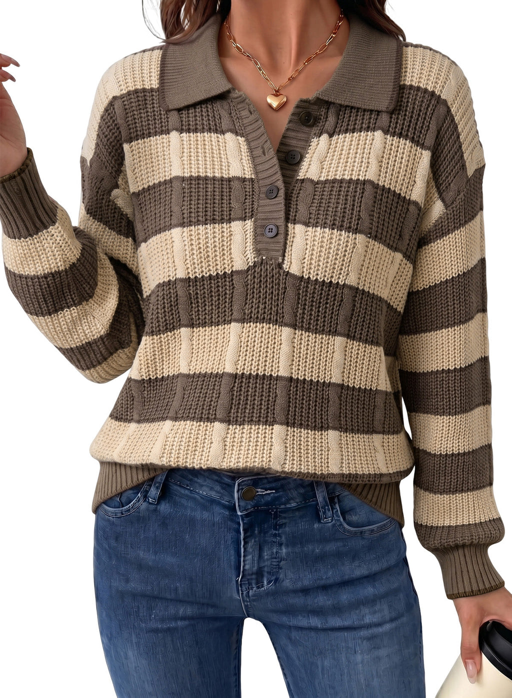 Dokotoo Sweaters for Women Long Sleeve Striped Color Block Button Polo Lapel Collar Cable Knit Casual Pullover Sweater Tops