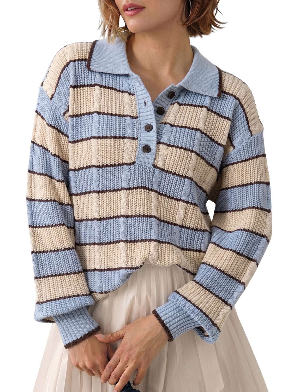 Dokotoo Sweaters for Women Long Sleeve Striped Color Block Button Polo Lapel Collar Cable Knit Casual Pullover Sweater Tops