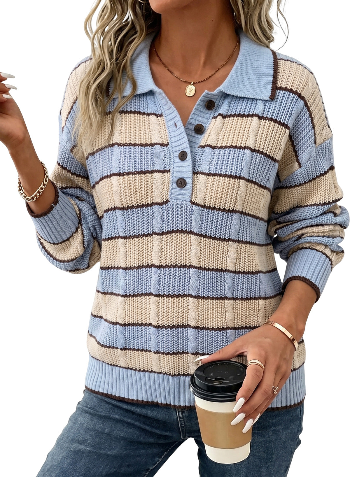 Dokotoo Sweaters for Women Long Sleeve Striped Color Block Button Polo Lapel Collar Cable Knit Casual Pullover Sweater Tops