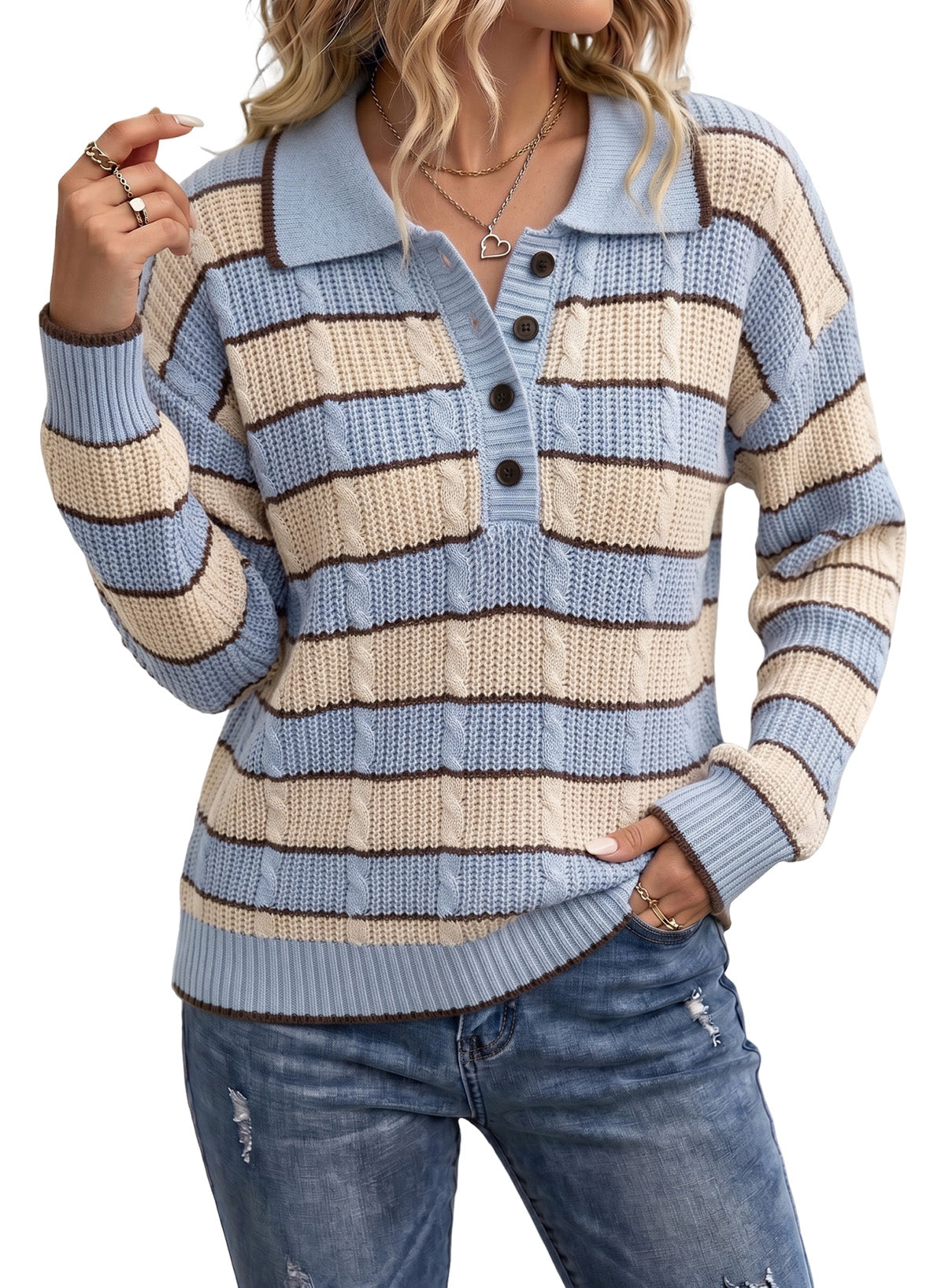 Dokotoo Sweaters for Women Long Sleeve Striped Color Block Button Polo Lapel Collar Cable Knit Casual Pullover Sweater Tops