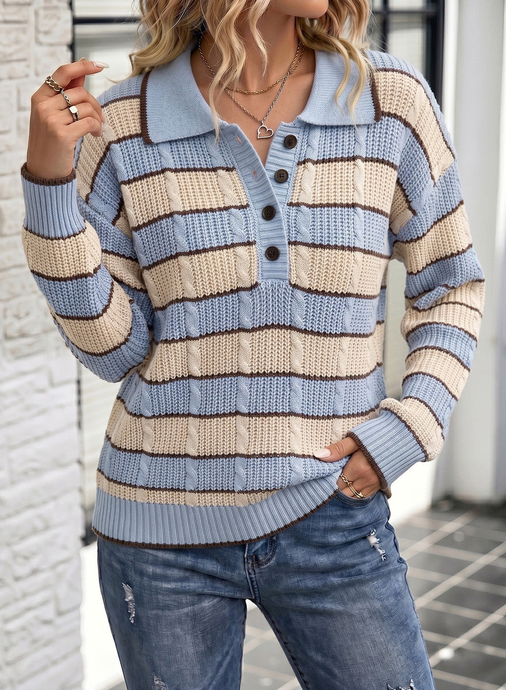 Dokotoo Sweaters for Women Long Sleeve Striped Color Block Button Polo Lapel Collar Cable Knit Casual Pullover Sweater Tops