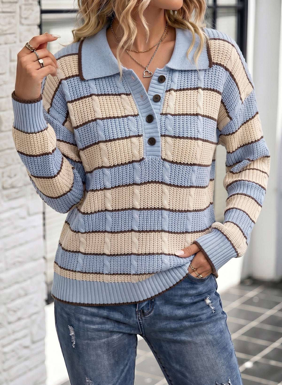 Dokotoo Sweaters for Women Long Sleeve Striped Color Block Button Polo Lapel Collar Cable Knit Casual Pullover Sweater Tops