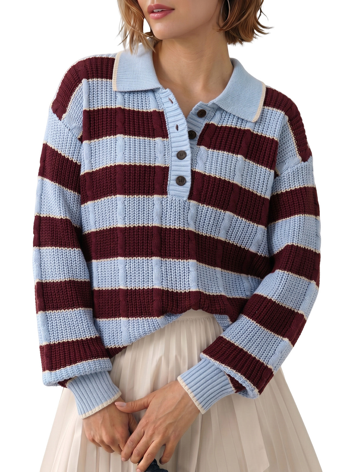 Dokotoo Sweaters for Women Long Sleeve Striped Color Block Button Polo Lapel Collar Cable Knit Casual Pullover Sweater Tops