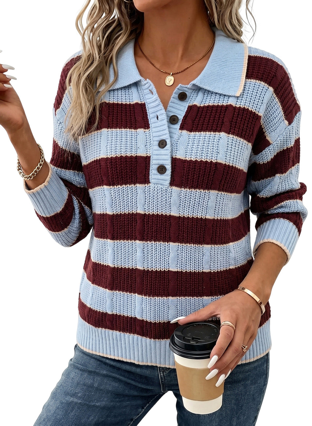 Dokotoo Sweaters for Women Long Sleeve Striped Color Block Button Polo Lapel Collar Cable Knit Casual Pullover Sweater Tops