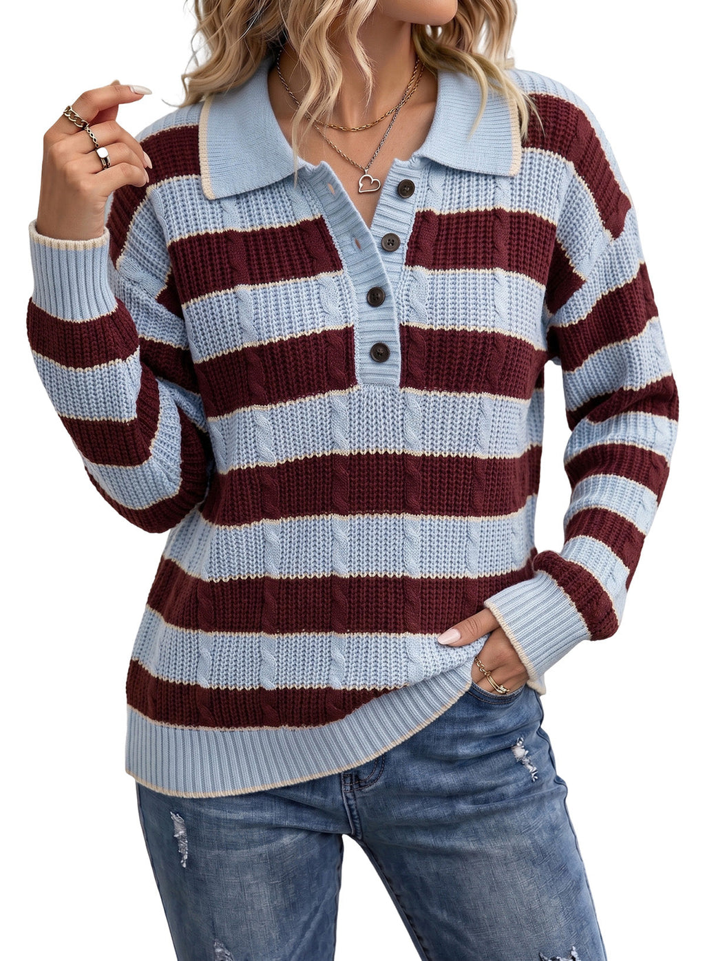 Dokotoo Sweaters for Women Long Sleeve Striped Color Block Button Polo Lapel Collar Cable Knit Casual Pullover Sweater Tops