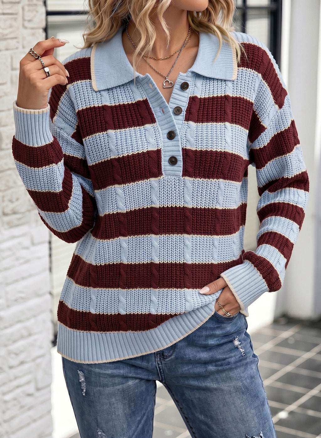 Dokotoo Sweaters for Women Long Sleeve Striped Color Block Button Polo Lapel Collar Cable Knit Casual Pullover Sweater Tops