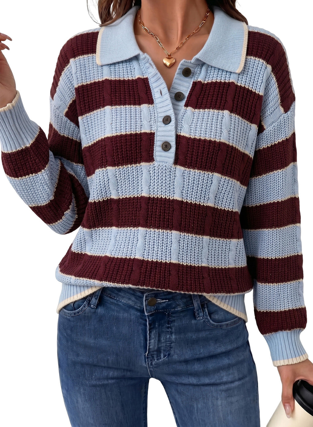 Dokotoo Sweaters for Women Long Sleeve Striped Color Block Button Polo Lapel Collar Cable Knit Casual Pullover Sweater Tops