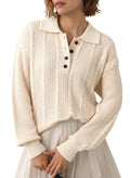 Dokotoo Sweaters for Women Long Sleeve Striped Color Block Button Polo Lapel Collar Cable Knit Casual Pullover Sweater Tops