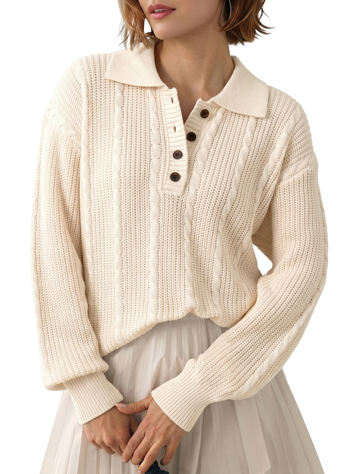 Dokotoo Sweaters for Women Long Sleeve Striped Color Block Button Polo Lapel Collar Cable Knit Casual Pullover Sweater Tops