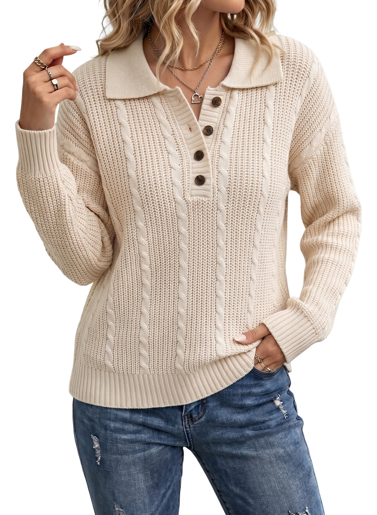 Dokotoo Sweaters for Women Long Sleeve Striped Color Block Button Polo Lapel Collar Cable Knit Casual Pullover Sweater Tops