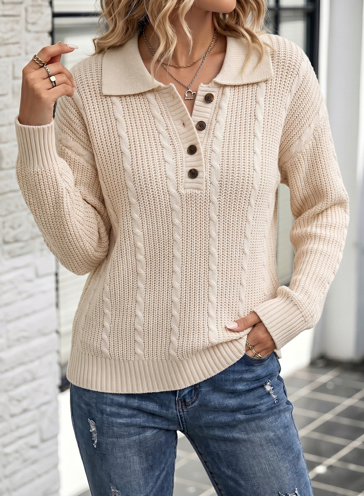 Dokotoo Sweaters for Women Long Sleeve Striped Color Block Button Polo Lapel Collar Cable Knit Casual Pullover Sweater Tops