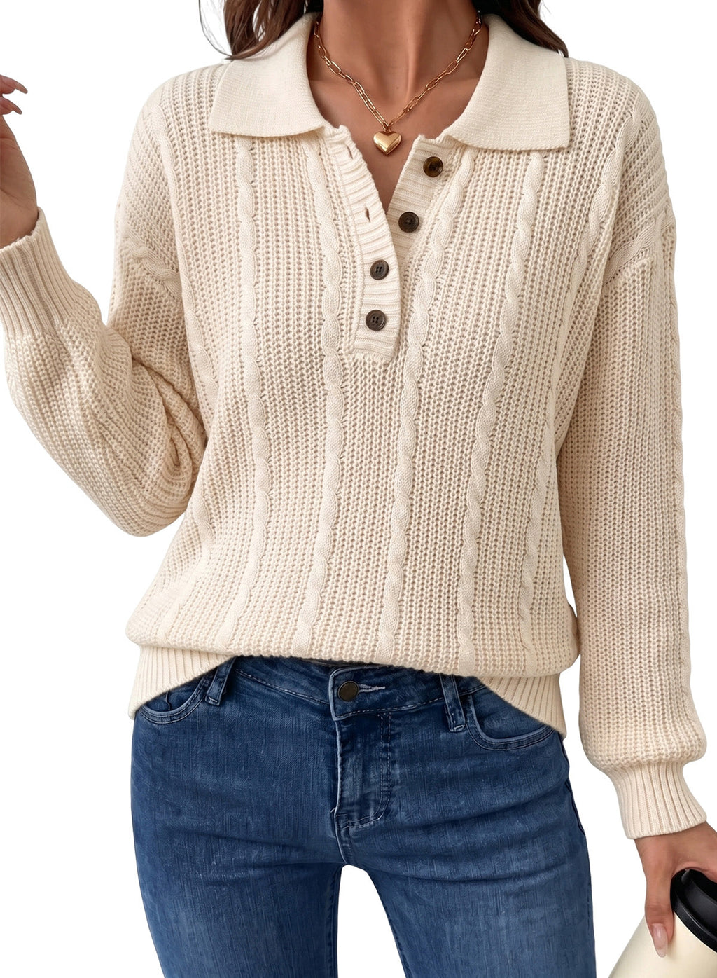 Dokotoo Sweaters for Women Long Sleeve Striped Color Block Button Polo Lapel Collar Cable Knit Casual Pullover Sweater Tops