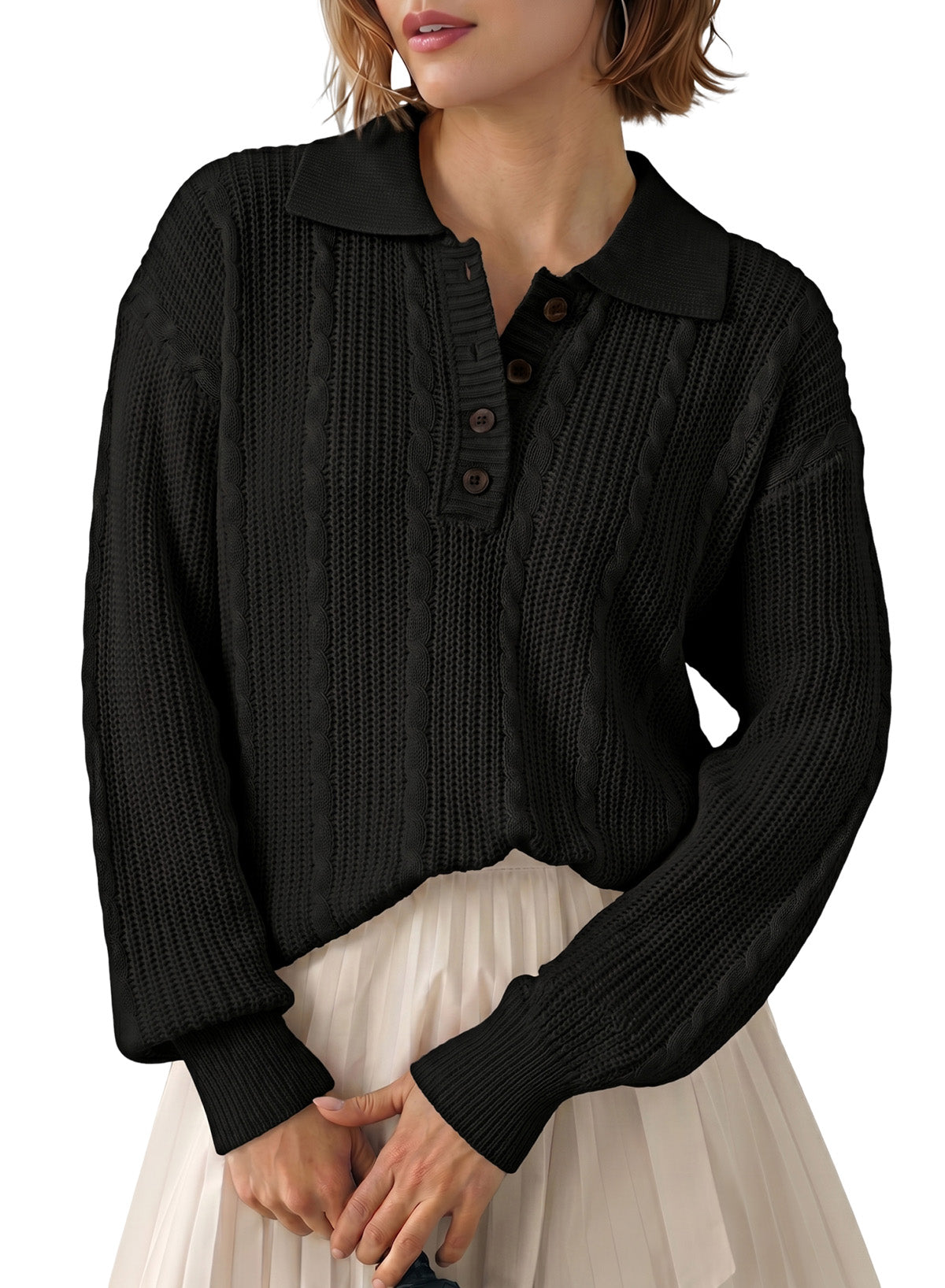 Dokotoo Sweaters for Women Long Sleeve Striped Color Block Button Polo Lapel Collar Cable Knit Casual Pullover Sweater Tops
