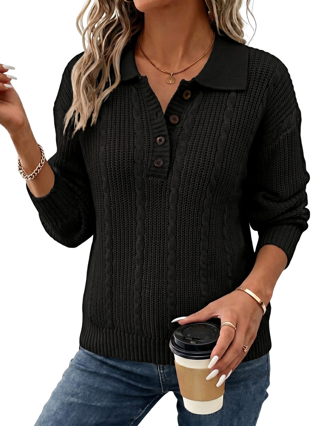 Dokotoo Sweaters for Women Long Sleeve Striped Color Block Button Polo Lapel Collar Cable Knit Casual Pullover Sweater Tops