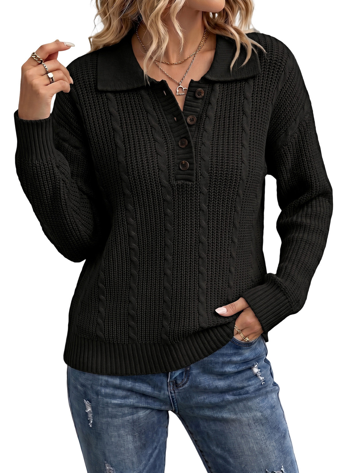 Dokotoo Sweaters for Women Long Sleeve Striped Color Block Button Polo Lapel Collar Cable Knit Casual Pullover Sweater Tops