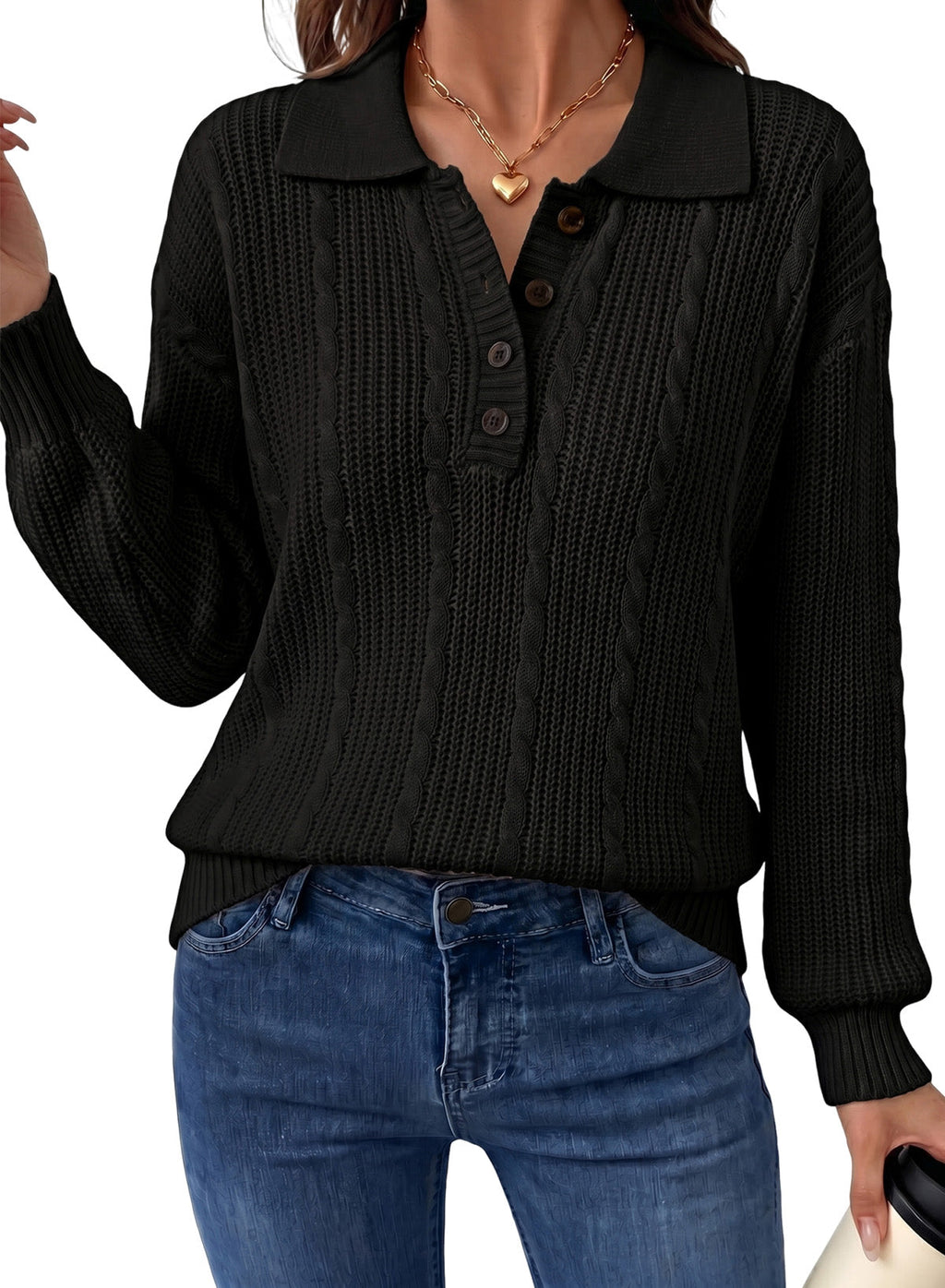 Dokotoo Sweaters for Women Long Sleeve Striped Color Block Button Polo Lapel Collar Cable Knit Casual Pullover Sweater Tops