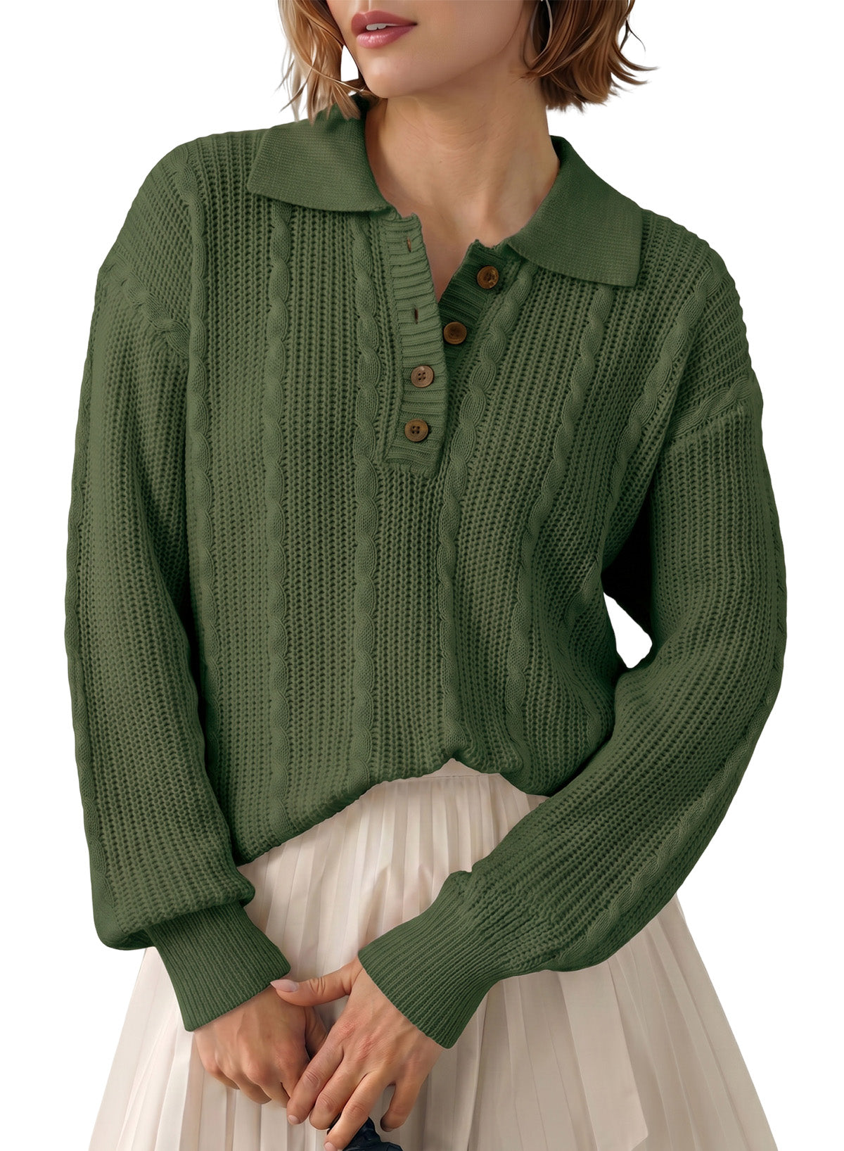Dokotoo Sweaters for Women Long Sleeve Striped Color Block Button Polo Lapel Collar Cable Knit Casual Pullover Sweater Tops