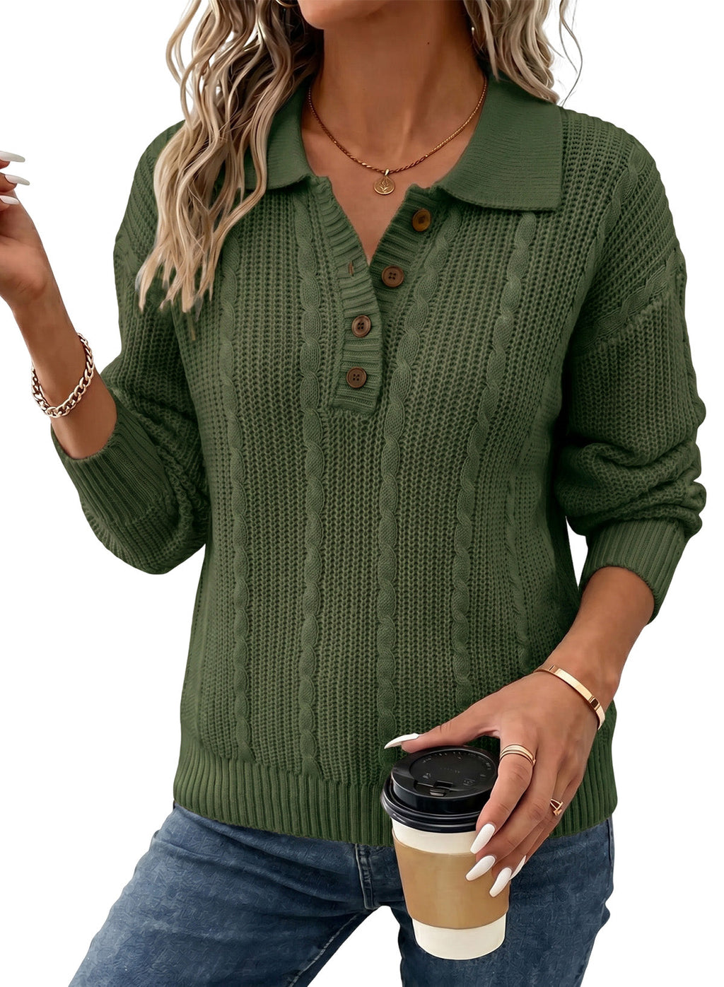 Dokotoo Sweaters for Women Long Sleeve Striped Color Block Button Polo Lapel Collar Cable Knit Casual Pullover Sweater Tops