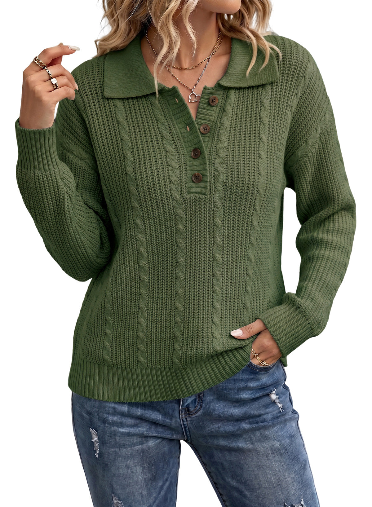 Dokotoo Sweaters for Women Long Sleeve Striped Color Block Button Polo Lapel Collar Cable Knit Casual Pullover Sweater Tops