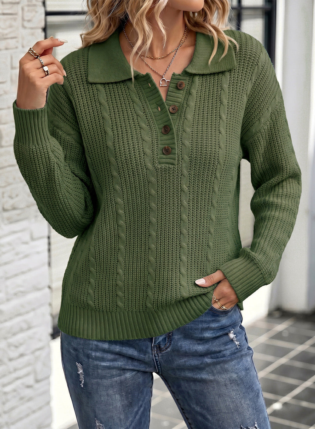 Dokotoo Sweaters for Women Long Sleeve Striped Color Block Button Polo Lapel Collar Cable Knit Casual Pullover Sweater Tops