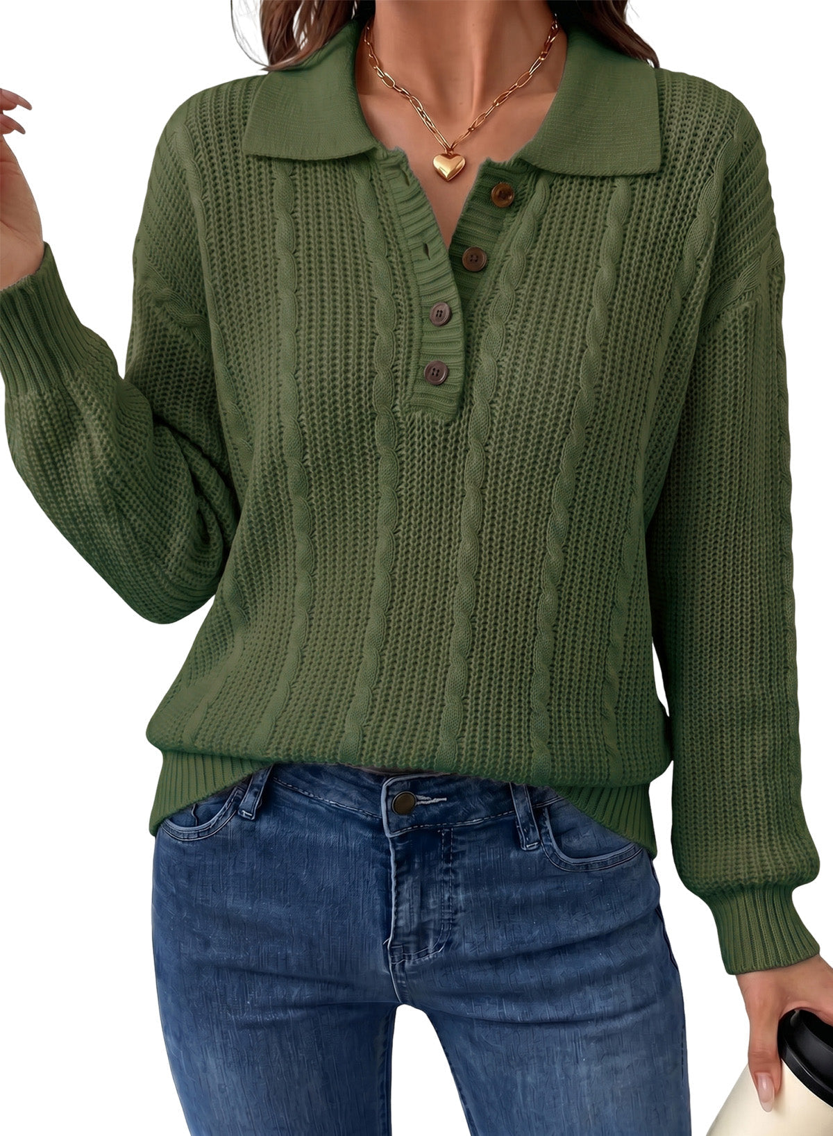 Dokotoo Sweaters for Women Long Sleeve Striped Color Block Button Polo Lapel Collar Cable Knit Casual Pullover Sweater Tops