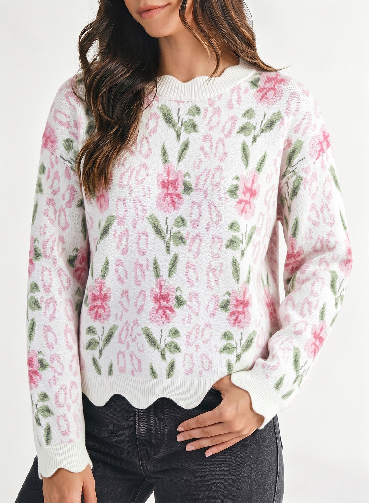 Dokotoo Womens Sweaters Long Sleeve Scalloped Trim Floral Fall Tops