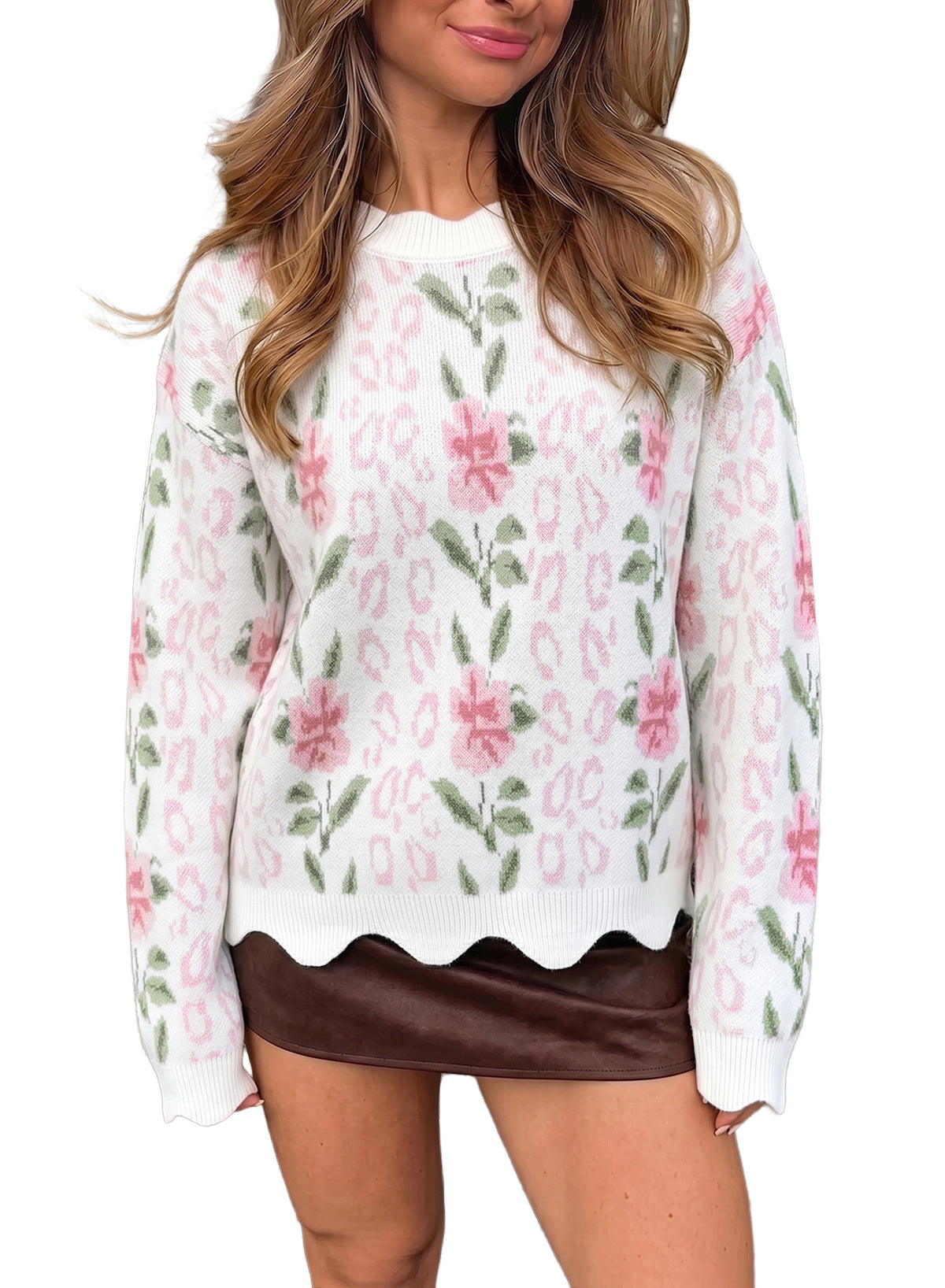 Dokotoo Womens Sweaters Long Sleeve Scalloped Trim Floral Fall Tops