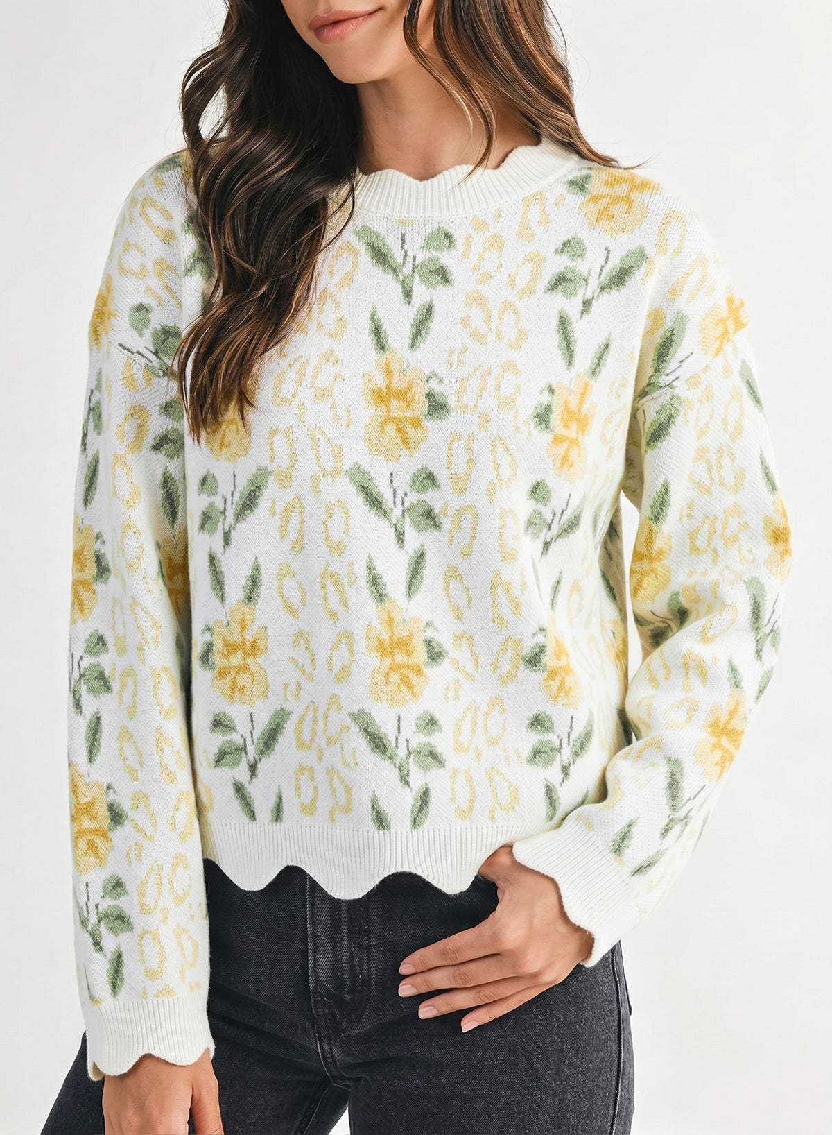 Dokotoo Womens Sweaters Long Sleeve Scalloped Trim Floral Fall Tops