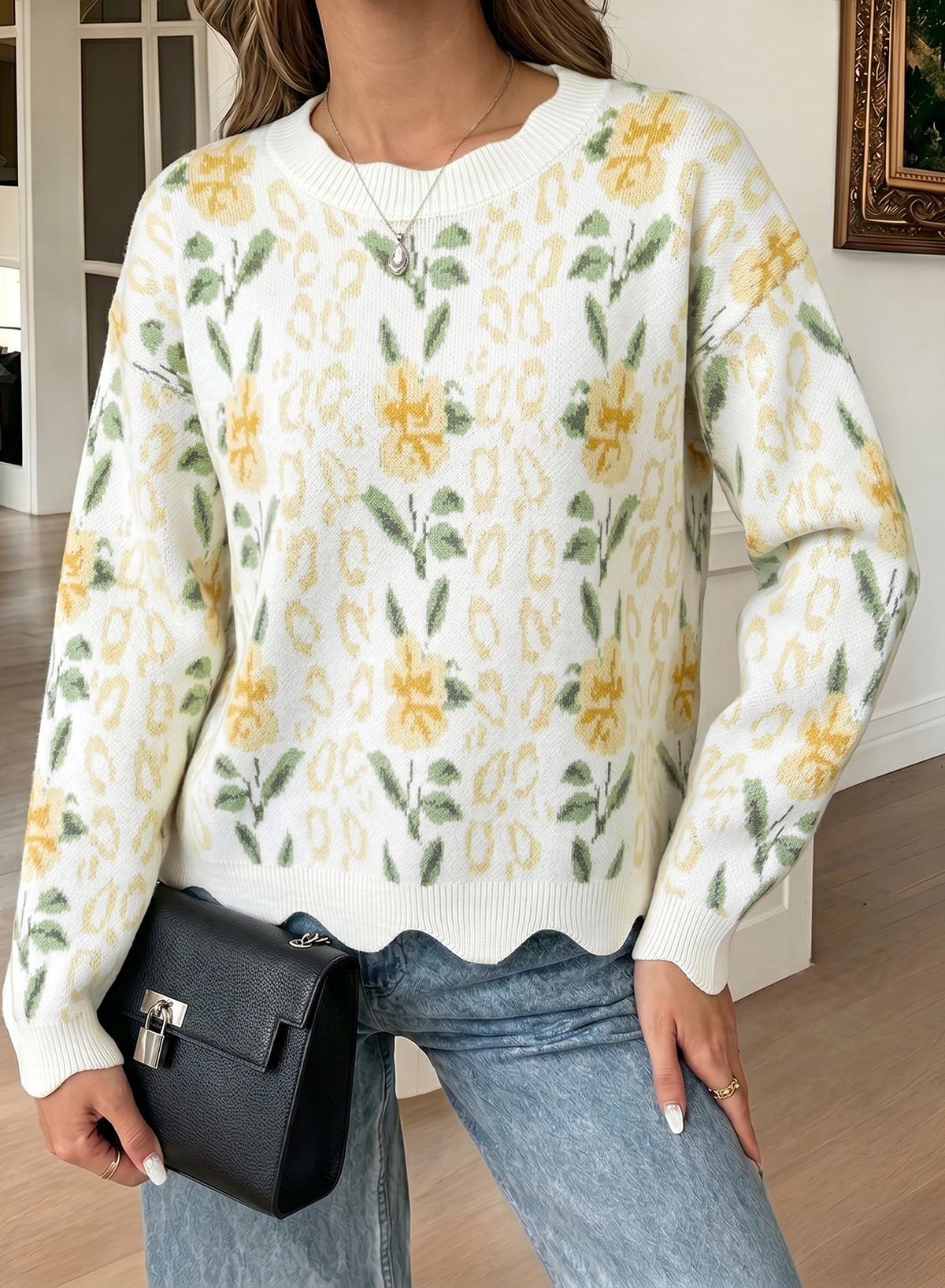 Dokotoo Womens Sweaters Long Sleeve Scalloped Trim Floral Fall Tops