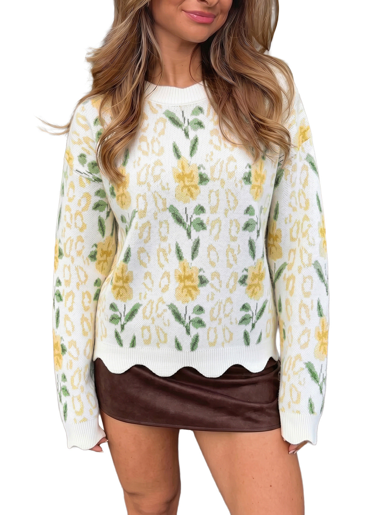Dokotoo Womens Sweaters Long Sleeve Scalloped Trim Floral Fall Tops